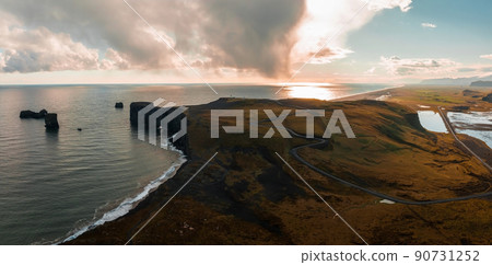 Aerial view of the Iceland coastline by the black beach. 90731252
