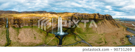 Aerial view of the Seljalandsfoss - located in the South Region in Iceland 90731269