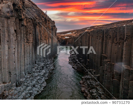 Epic view of the studlagil basalt canyon, Iceland. 90731270