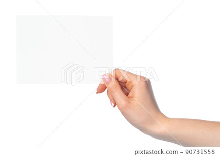 Woman's hand with blank white business card isolated on white 90731558
