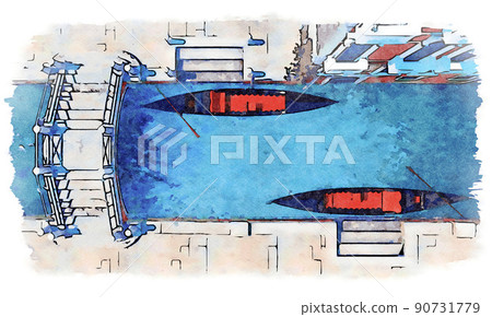 Top view Venice bridge and gondolas watercolor sketch 90731779