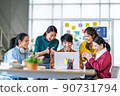 Asian business man, woman work together, celebrate clap hands in start up office 90731794