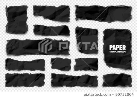 Black ripped paper strips. Realistic crumpled paper scraps with torn edges. Shreds of notebook pages. Vector illustration Black ripped paper strips. Realistic crumpled paper scraps with torn edges. Shreds of notebook pages. Vector illustration 90731804