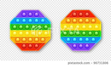 Colorful silicone anti-stress pop it toy. Trendy sensory game for children. Rainbow push pop fidget toy with brightly colored popping bubbles. Vector illustration Colorful silicone anti-stress pop it toy. Trendy sensory game for children. Rainbow push pop fidget toy with brightly colored popping bubbles. Vector illustration 90731806