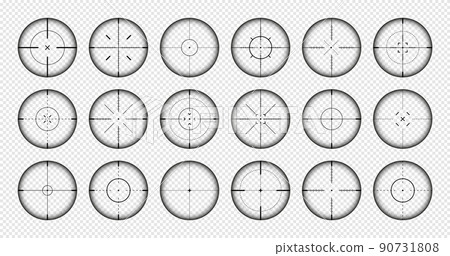 Various weapon sights, sniper rifle optical scopes. Hunting gun viewfinder with crosshair. Aim, shooting mark symbol. Military target sign, silhouette. Game interface UI element. Vector illustration 90731808