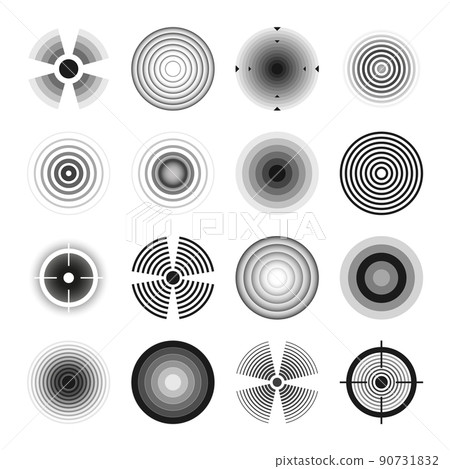 Various weapon sights, black crosshair icons. Aim, shooting mark symbol. Military target sign, silhouette. Radial sonar sound waves, radio signal. Vector illustration Various weapon sights, black crosshair icons. Aim, shooting mark symbol. Military target sign, silhouette. Radial sonar sound waves, radio signal. Vector illustration 90731832