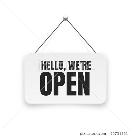 Realistic open hanging signboard. Vintage door sign for cafe, restaurant, bar or retail store. Announcement banner, information signage for business or service. Vector illustration 90731861