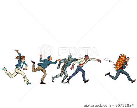 business competition concept, crowd of people attacks businessman target dart target accuracy competition, sports fun and recreation 90731884