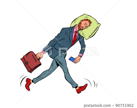 A tired businessman sleeps on the move. Goes to work in the morning with his head on a pillow 90731902