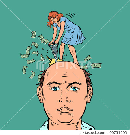 a man and a woman are getting divorced, the divorce process is a concept, a woman with a jackhammer on her head 90731903