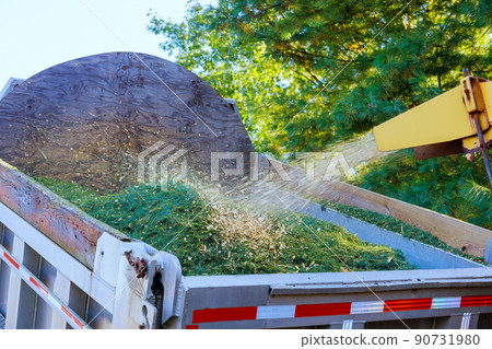 Wood chipper machine the shredded putting the branches leafs into a truck Wood chipper machine the shredded putting the branches leafs into a truck 90731980