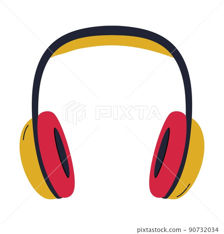 Professional studio over-ear headphones with large red-yellow ear pads. Equipment for podcasting, online learning, listening to music. Simple flat vector illustration isolated on white background. 90732034