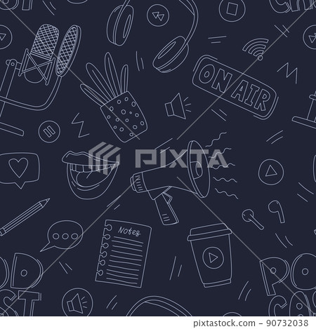 Seamless pattern with doodle elements for online show, podcast, radio. Outline hand drawn microphone, headphone, female mouth, potted flower. Black and white illustration on a dark blue background. 90732038