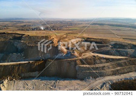 Aerial view of open pit mine of sandstone materials for construction industry with excavators and dump trucks. Heavy equipment in mining and production of useful minerals concept 90732041