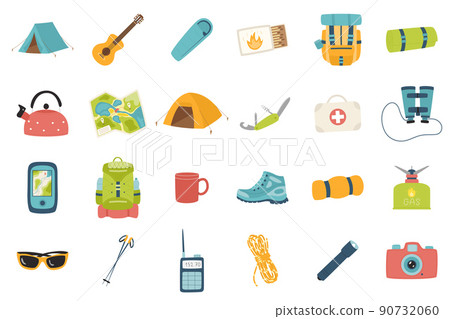 A set of design elements for summer, vacation, tourism, hiking, camping, picnic. Flat cartoon icons for web. cards, posters, banners. Color vector illustration isolated on a white background. A set of design elements for summer, vacation, tourism, hiking, camping, picnic. Flat cartoon icons for web. cards, posters, banners. Color vector illustration isolated on a white background. 90732060