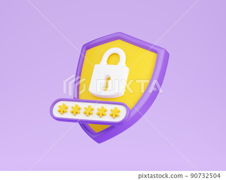 Shield with padlock 3d render - security and safety concept with closed lock on shield and password field. Shield with padlock 3d render - security and safety concept with closed lock on shield and password field. 90732504