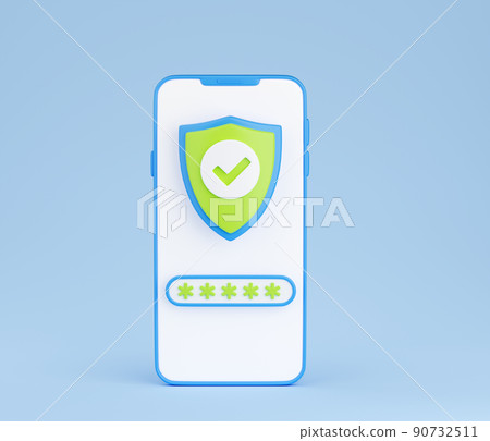 Personal data secure 3d render - checkmark shield and password field on mobile phone screen. Personal data secure 3d render - checkmark shield and password field on mobile phone screen. 90732511