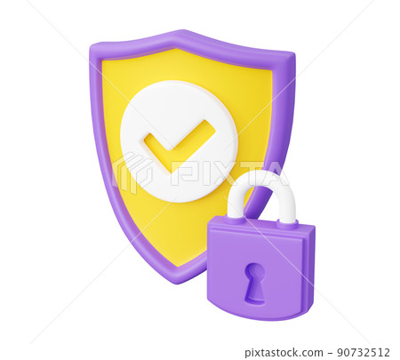 Shield with tick and padlock 3d render - security and safety concept with check mark on shield with closed lock. 90732512