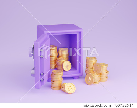 Safe box with crypto currency money 3d render - open purple strongbox filled and surrounded by gold bitcoin and ethereum 90732514