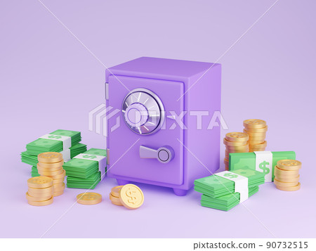 Safe box with money 3d render - illustration of closed purple strongbox surrounded by pile of gold coins and paper cash. Safe box with money 3d render - illustration of closed purple strongbox surrounded by pile of gold coins and paper cash. 90732515