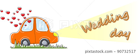 Vector image of a car riding on the road. hearts from the car window indicate a warm relationship between people traveling in it. The concept of creating a family or the birth of feelings 90732517
