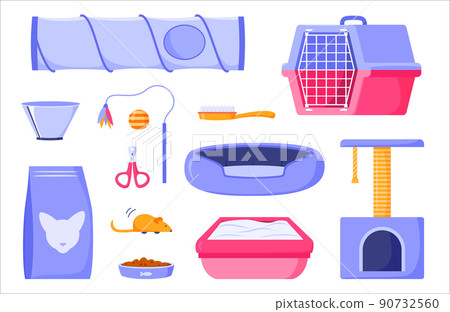 Cat supplies set for domestic pets. Pet food, scratching post, toilet, comb, scissors, feather toy, mouse, carrier, collar cone and bed. Products and accessories for animals. Flat design vector 90732560