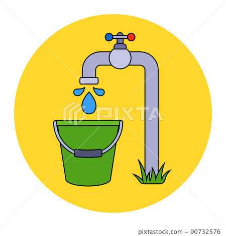 borehole pump pumps water into a bucket. collect drinking water. 90732576