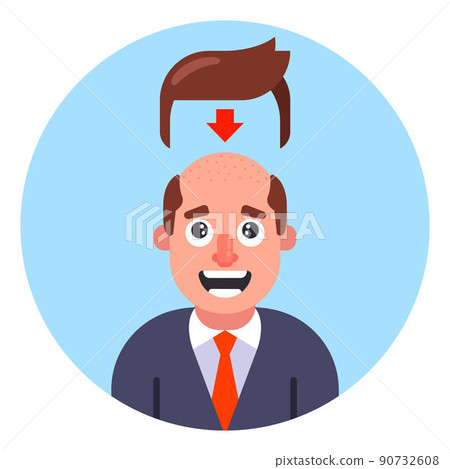 a bald man tries on a wig to hide his baldness. 90732608