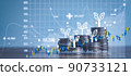 Close up of stacking of growth up coins with Double exposure of chart graph financial with night bokeh background for finance and business ,capital banking and investment,coin stock market concept. 90733121