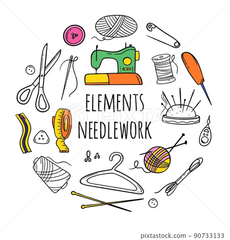 Needlework sewing knitting a large set of bright multicolored elements in the form of a circle Hand made Vector illustration on a white background Needlework sewing knitting a large set of bright multicolored elements in the form of a circle Hand made Vector illustration on a white background 90733133