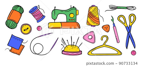Needlework sewing knitting a large set of bright multicolored elements Hand made Vector illustration on a white background Needlework sewing knitting a large set of bright multicolored elements Hand made Vector illustration on a white background 90733134