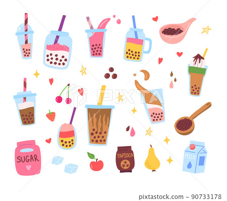 Cartoon Color Bubble Tea Icon Set Flat Design Style Asian Summer Fresh Drink with Tapioca Concept. Vector illustration Cartoon Color Bubble Tea Icon Set Flat Design Style Asian Summer Fresh Drink with Tapioca Concept. Vector illustration 90733178