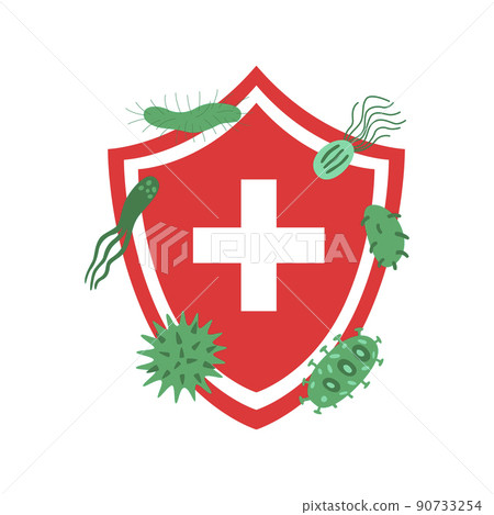 Immune system concept with medical shield. Bacterial and virus defense. Immune system concept with medical shield. Bacterial and virus defense. 90733254