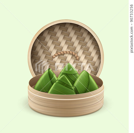 Realistic Detailed 3d Bamboo Steamer with Food Rice Dumplings or Zongzi Dragon Boat Festival Concept . Vector illustration Realistic Detailed 3d Bamboo Steamer with Food Rice Dumplings or Zongzi Dragon Boat Festival Concept . Vector illustration 90733256