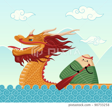 Cartoon Color Dragon Boat Festival Concept Banner Poster Card with Character Chinese Rice Dumpling Wrapped by Green Bamboo Leafs or Zongzi. Vector illustration Cartoon Color Dragon Boat Festival Concept Banner Poster Card with Character Chinese Rice Dumpling Wrapped by Green Bamboo Leafs or Zongzi. Vector illustration 90733258