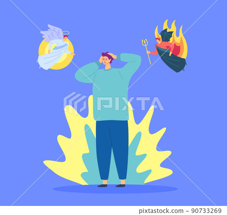 Cartoon Color Character Man and Choice Angel or Demon Decision Concept Flat Design Style. Vector illustration 90733269