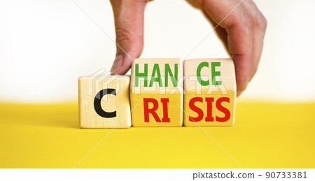 Crisis or chance symbol. Businessman turns wooden cubes and changes the concept word Crisis to Chance. Beautiful yellow table white background, copy space. Business and crisis or chance concept. 90733381