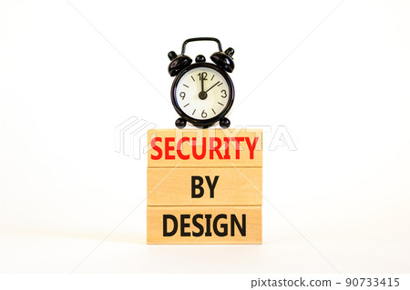 Security by design symbol. Concept words Security by design on wooden blocks on a beautiful white table white background. Black alarm clock. Business finacial security by design concept. Copy space. Security by design symbol. Concept words Security by design on wooden blocks on a beautiful white table white background. Black alarm clock. Business finacial security by design concept. Copy space. 90733415