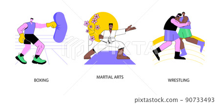 Combat sport abstract concept vector illustration set. Boxing ring, martial arts, wrestling, professional fight club, karate class, self-defense training, greco-roman athlete abstract metaphor. Combat sport abstract concept vector illustration set. Boxing ring, martial arts, wrestling, professional fight club, karate class, self-defense training, greco-roman athlete abstract metaphor. 90733493