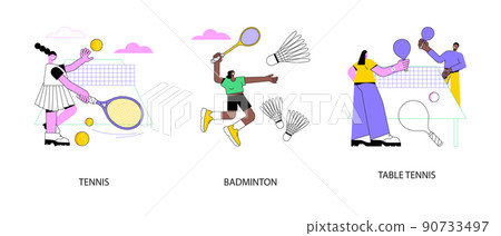 Racket sport abstract concept vector illustration set. Tennis and badminton, table tennis, professional player, tennis court, club training, ping pong game, racket rental, fitness abstract metaphor. 90733497