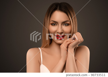 Beautiful flirty woman. Clear skin. SPA concept. Natural beauty. Stylish model Beautiful flirty woman. Clear skin. SPA concept. Natural beauty. Stylish model 90733511