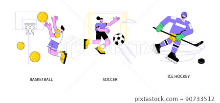 Team sport abstract concept vector illustration set. Basketball and soccer, ice hockey, tournament winner cup, professional college sports team, play ball, game championship abstract metaphor. 90733512