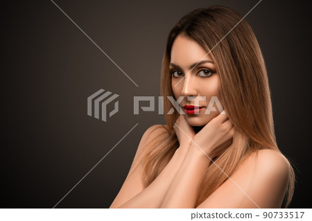 Beautiful flirty woman. Clear skin. SPA concept. Natural beauty. Stylish model Beautiful flirty woman. Clear skin. SPA concept. Natural beauty. Stylish model 90733517