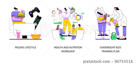 Break unhealthy habits abstract concept vector illustration set. Passive lifestyle, health and nutrition workshop, overweight kids training plan, child obesity, junk food, workout abstract metaphor. Break unhealthy habits abstract concept vector illustration set. Passive lifestyle, health and nutrition workshop, overweight kids training plan, child obesity, junk food, workout abstract metaphor. 90733518