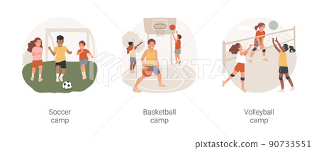 After school sport program isolated cartoon vector illustration set. Soccer and basketball summer camp, volleyball PA day program children fitness, football sport club tournament vector cartoon. After school sport program isolated cartoon vector illustration set. Soccer and basketball summer camp, volleyball PA day program children fitness, football sport club tournament vector cartoon. 90733551