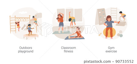Before and afterschool physical exercise isolated cartoon vector illustration set. Outdoors playground, classroom fitness, gym exercise, kids motor development, sport for children vector cartoon. 90733552