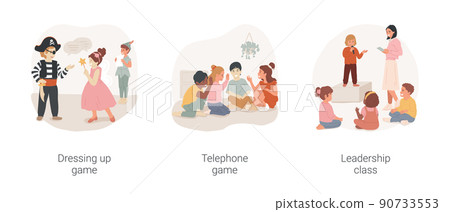 Gradeschoolers social and communication skills isolated cartoon vector illustration set. Dressing up role-playing game, telephone game, leadership class, afterschool program vector cartoon. Gradeschoolers social and communication skills isolated cartoon vector illustration set. Dressing up role-playing game, telephone game, leadership class, afterschool program vector cartoon. 90733553