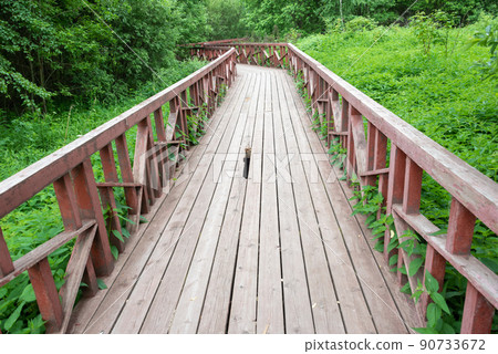 Wooden ecological path with a hole in the deck. Wooden ecological path with a hole in the deck. 90733672