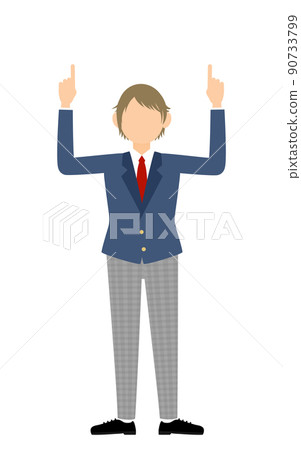 Genderless student, blazer uniform, pointing up with both hands 90733799