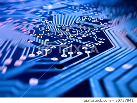 3D illustration of blue motherboard 90737941